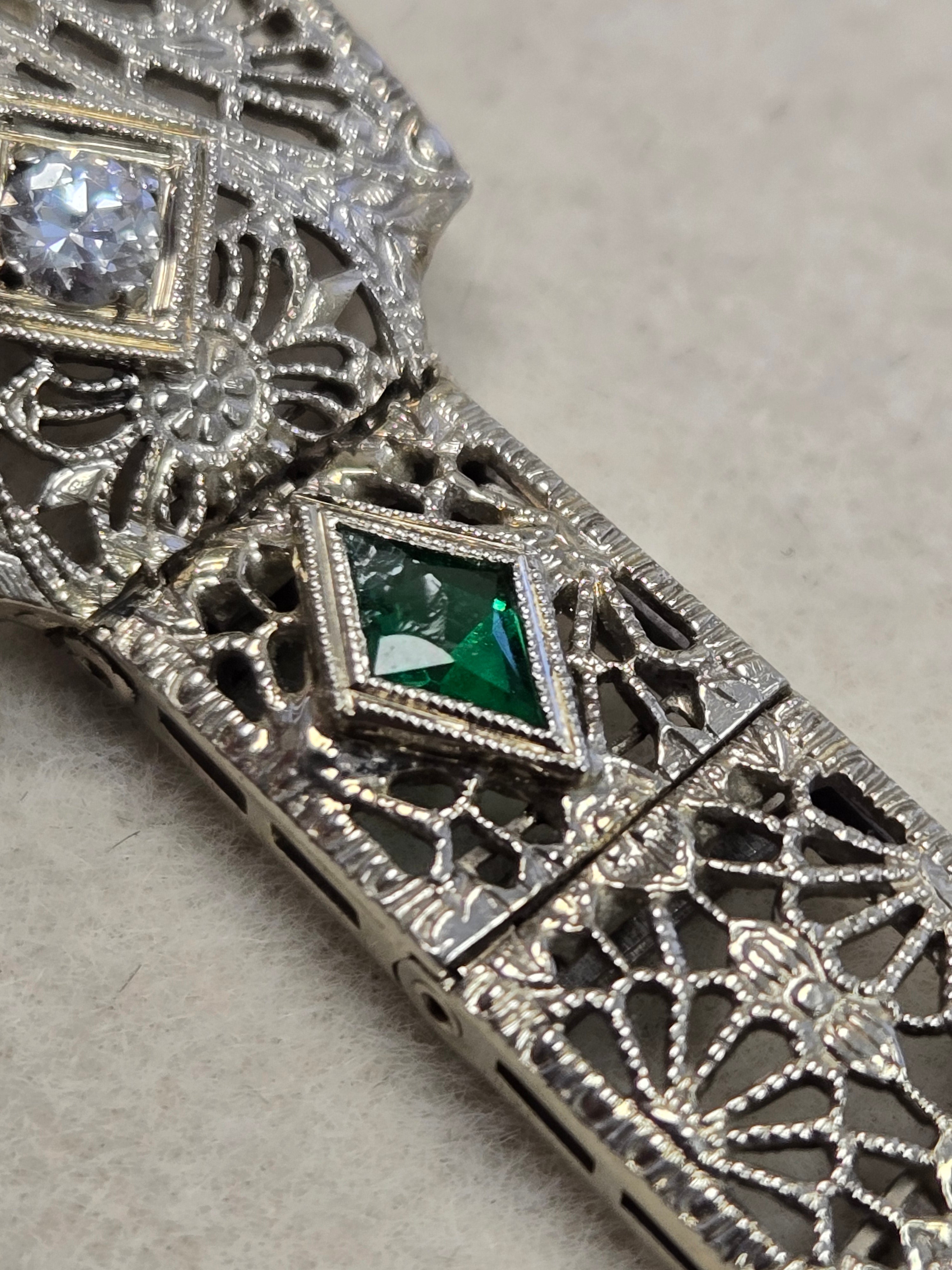 Antique Art Deco Diamond & Emerald Filigree Bracelet | 14K Gold | 7 Inch Estate Bracelet