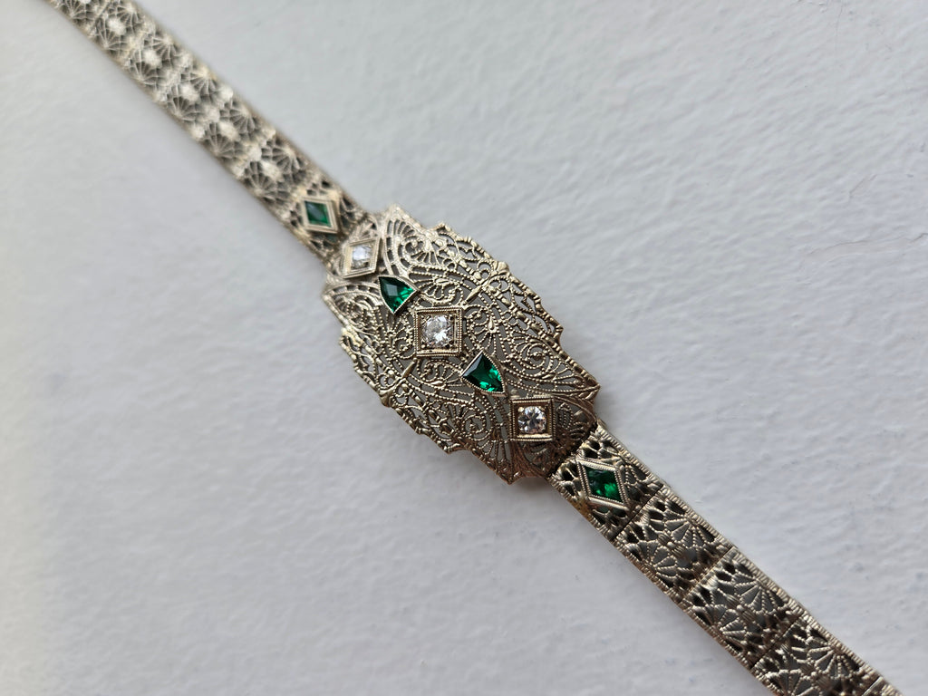 Antique Art Deco Diamond & Emerald Filigree Bracelet | 14K Gold | 7 Inch Estate Bracelet