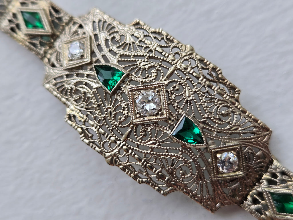 Antique Art Deco Diamond & Emerald Filigree Bracelet | 14K Gold | 7 Inch Estate Bracelet
