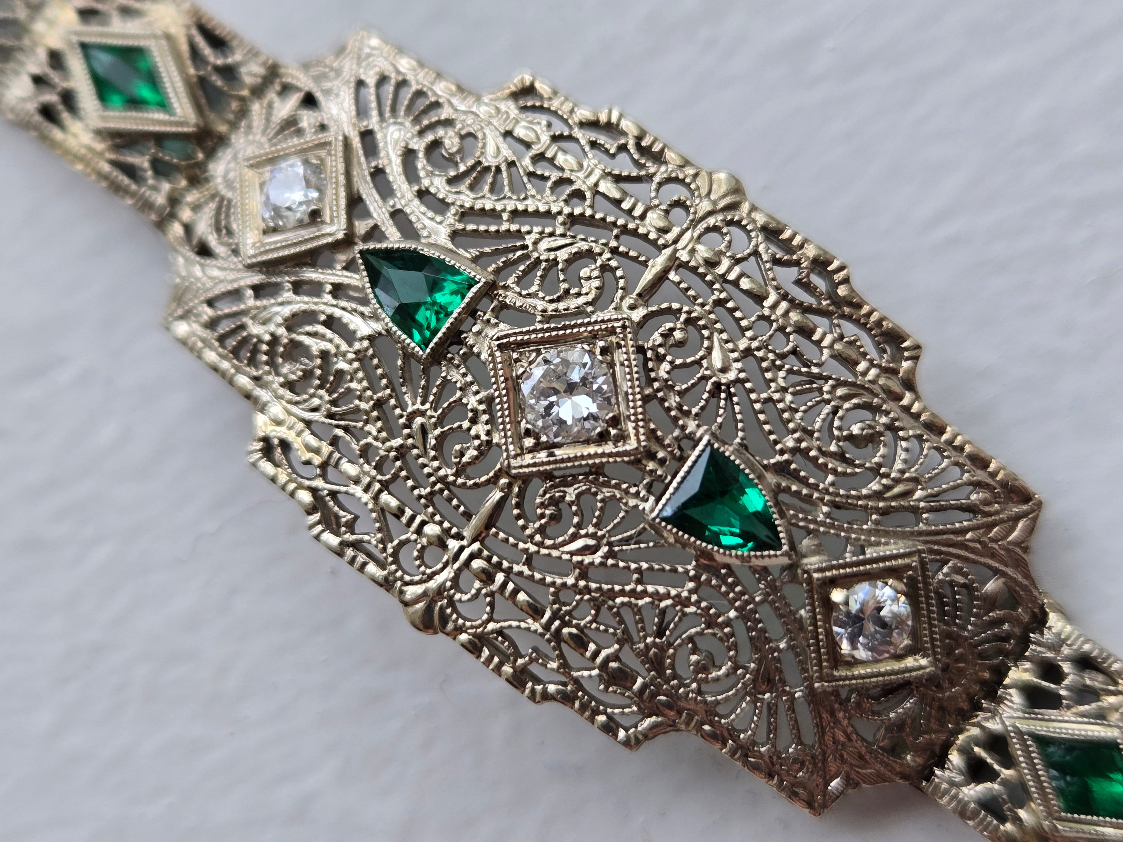 Antique Art Deco Diamond & Emerald Filigree Bracelet | 14K Gold | 7 Inch Estate Bracelet