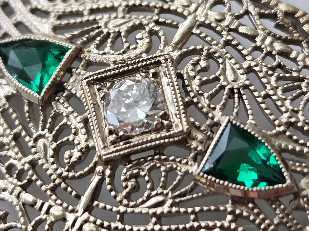 Antique Art Deco Diamond & Emerald Filigree Bracelet | 14K Gold | 7 Inch Estate Bracelet