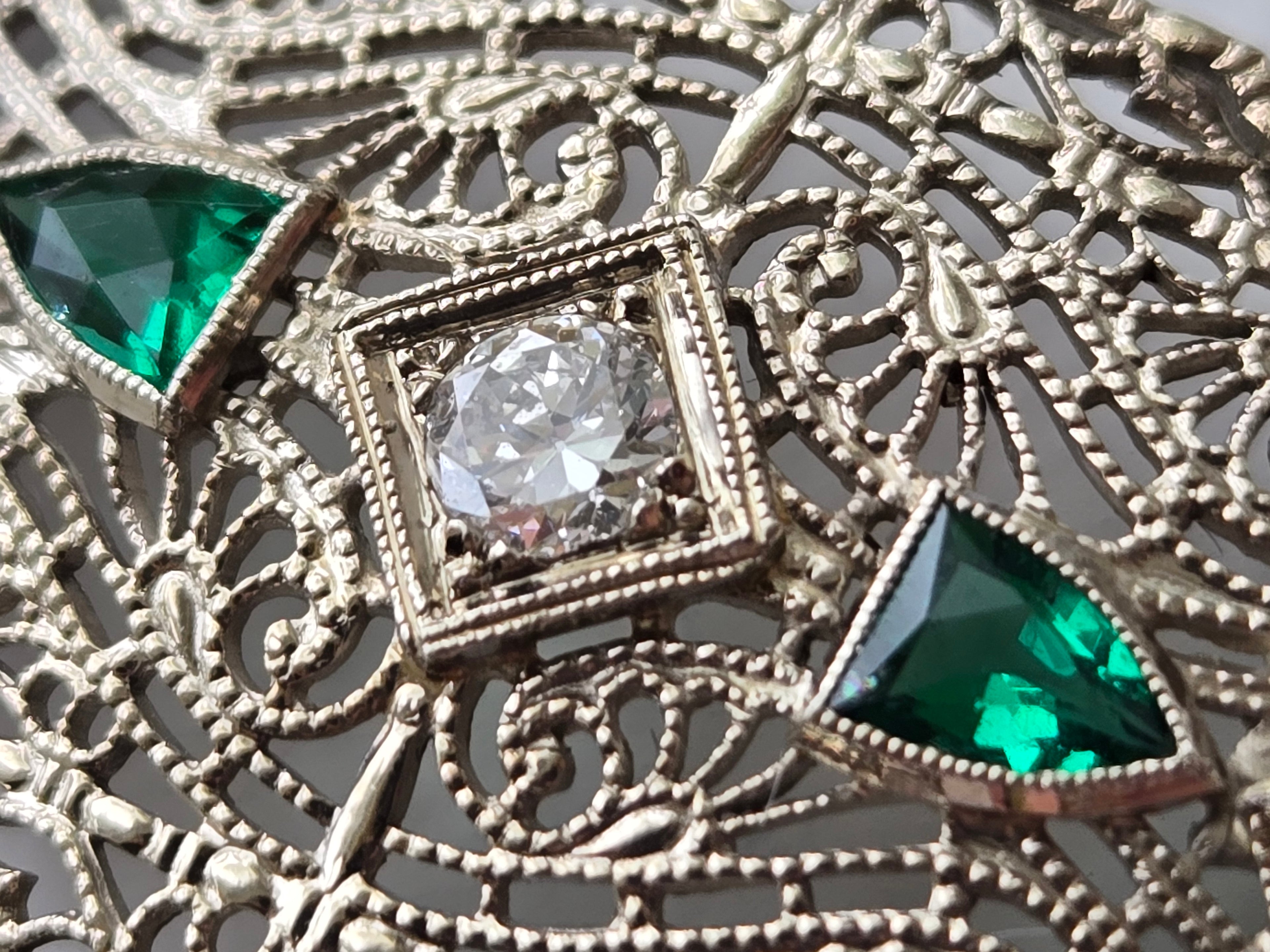 Antique Art Deco Diamond & Emerald Filigree Bracelet | 14K Gold | 7 Inch Estate Bracelet