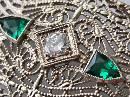 Antique Art Deco Diamond & Emerald Filigree Bracelet | 14K Gold | 7 Inch Estate Bracelet