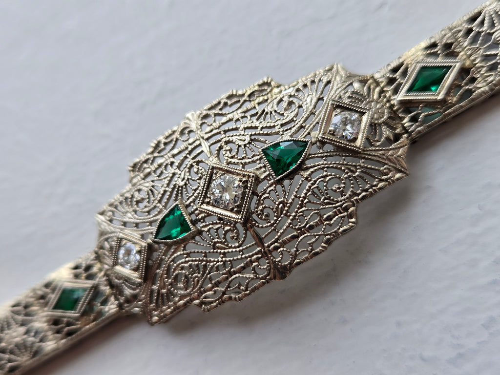 Antique Art Deco Diamond & Emerald Filigree Bracelet | 14K Gold | 7 Inch Estate Bracelet
