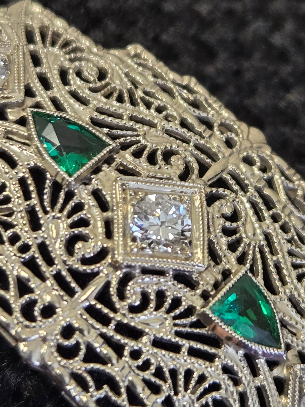 Antique Art Deco Diamond & Emerald Filigree Bracelet | 14K Gold | 7 Inch Estate Bracelet