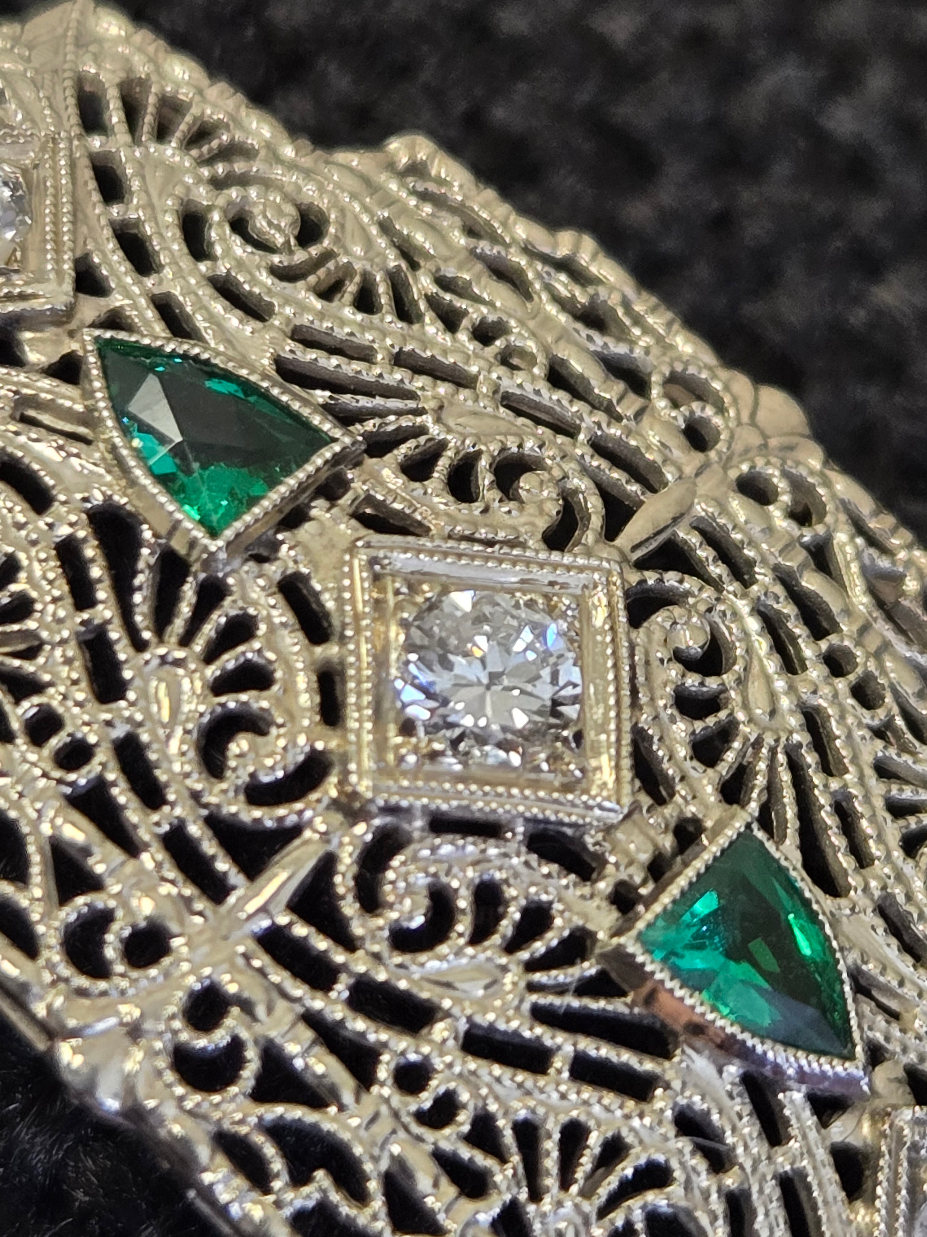 Antique Art Deco Diamond & Emerald Filigree Bracelet | 14K Gold | 7 Inch Estate Bracelet