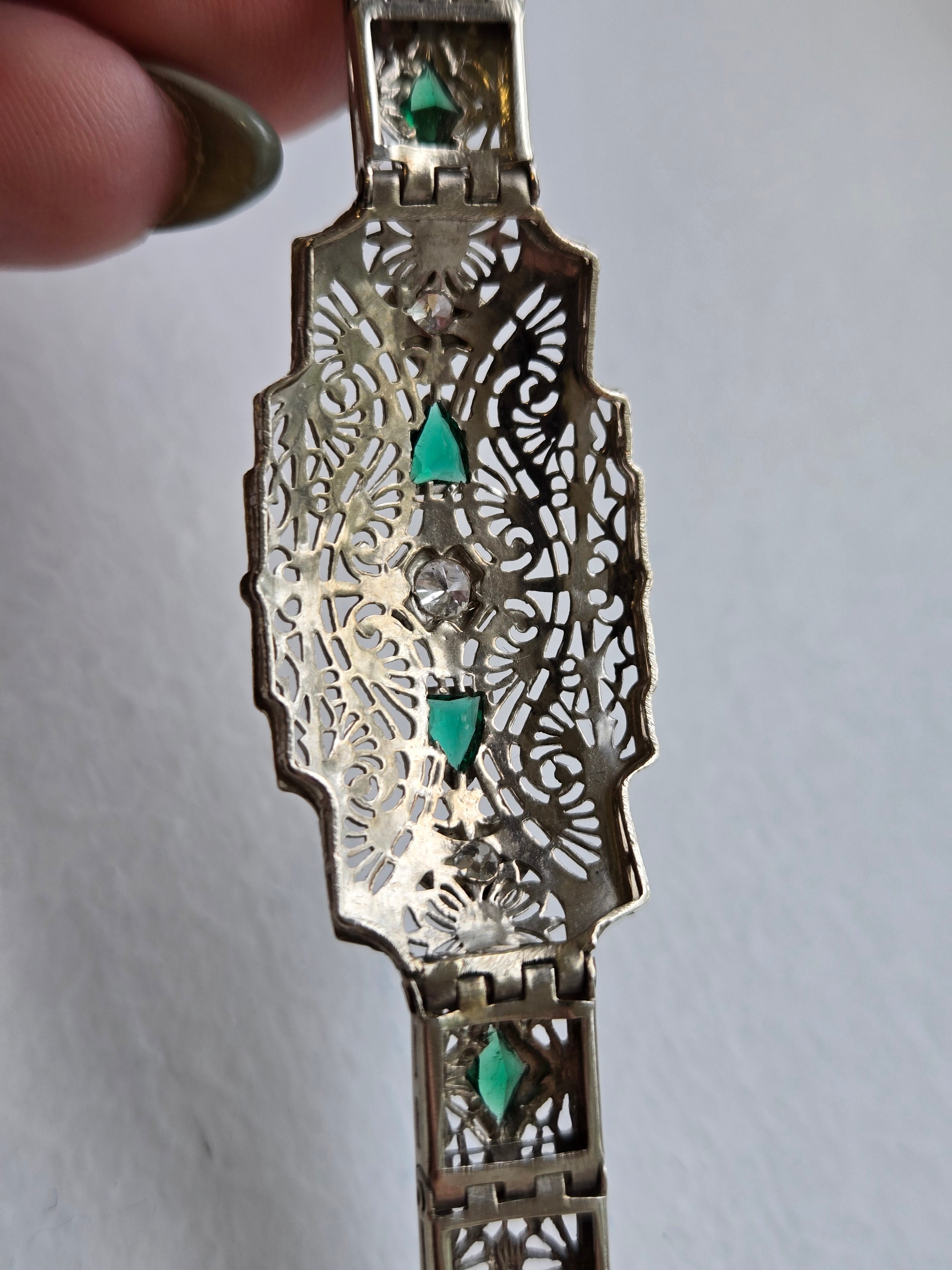 Antique Art Deco Diamond & Emerald Filigree Bracelet | 14K Gold | 7 Inch Estate Bracelet