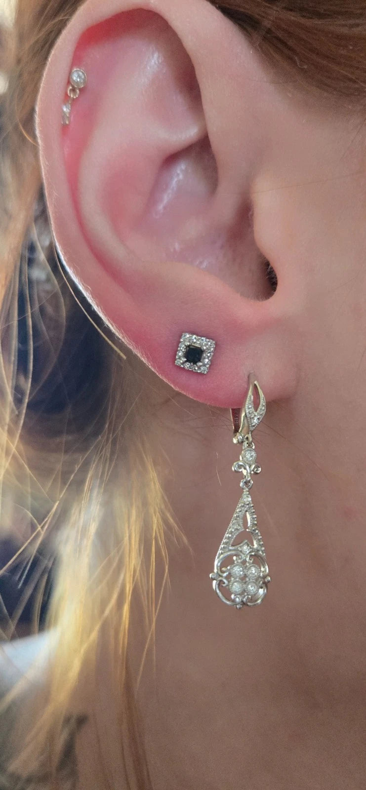 Black Diamond Princess Cut Halo Stud Earrings | 10K White Gold | Square Halo Setting