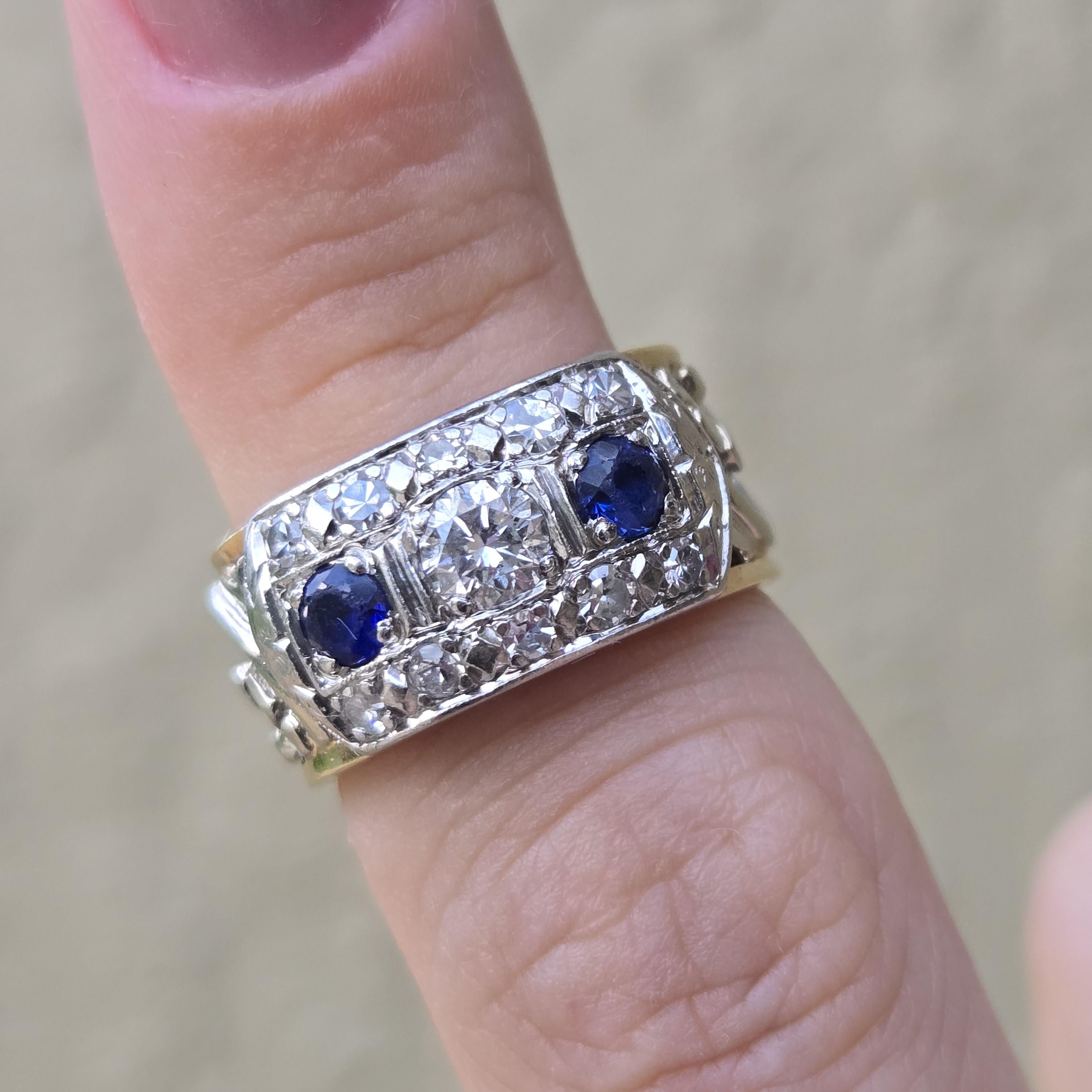 Antique Edwardian Sapphire & Diamond Ring | Wide Two-Tone 14K Gold Cigar Band | Size 4.75