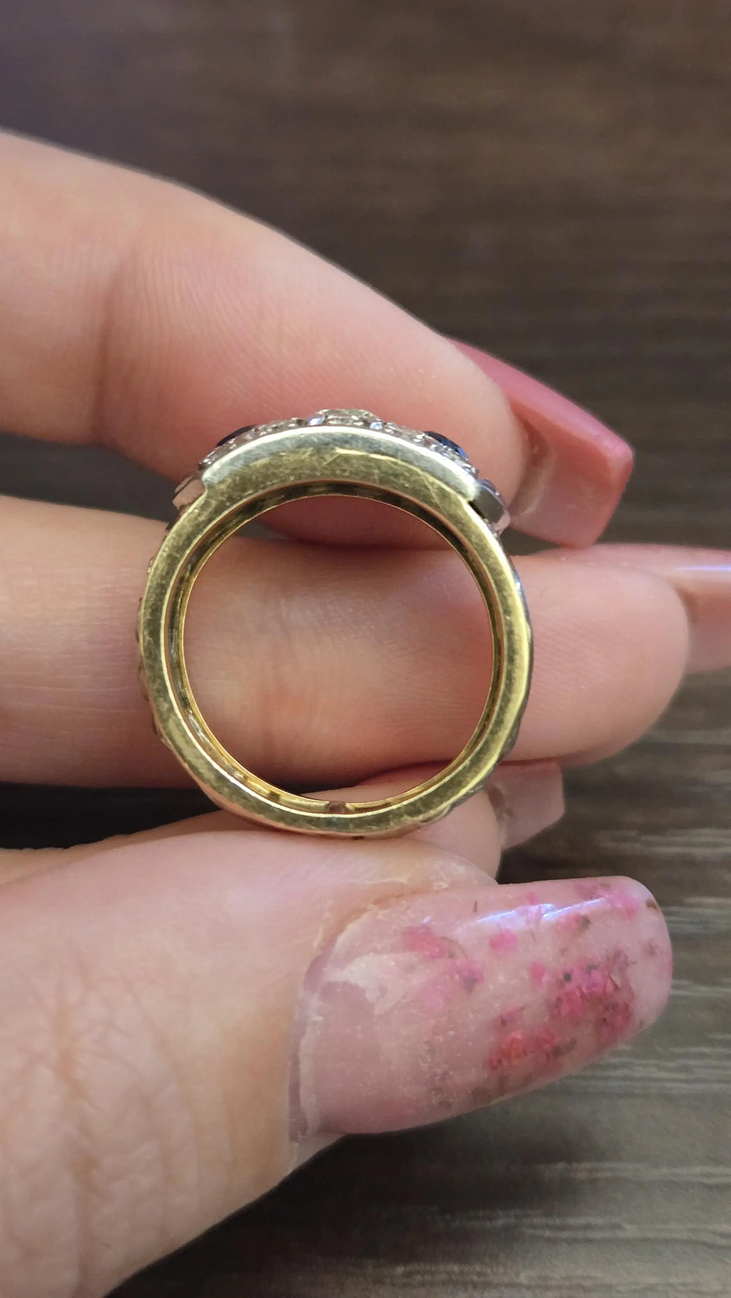 Antique Edwardian Sapphire & Diamond Ring | Wide Two-Tone 14K Gold Cigar Band | Size 4.75