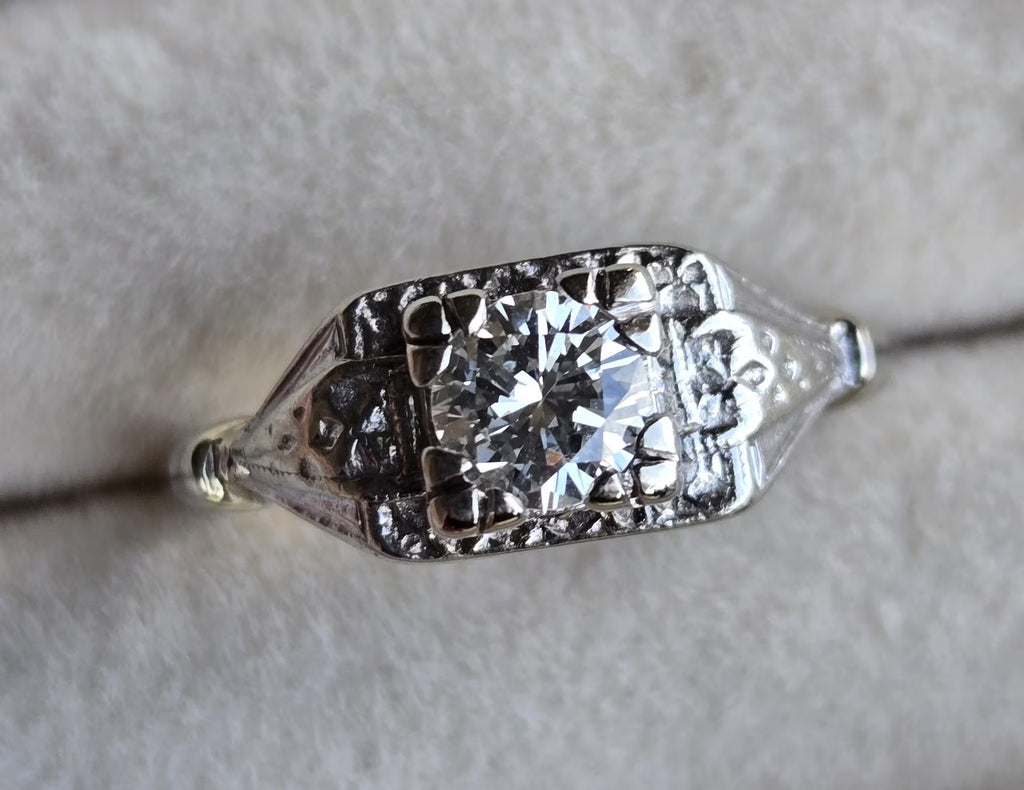 Vintage Art Deco Diamond Engagement Ring | 14K White Gold | Old European Cut | Size 5