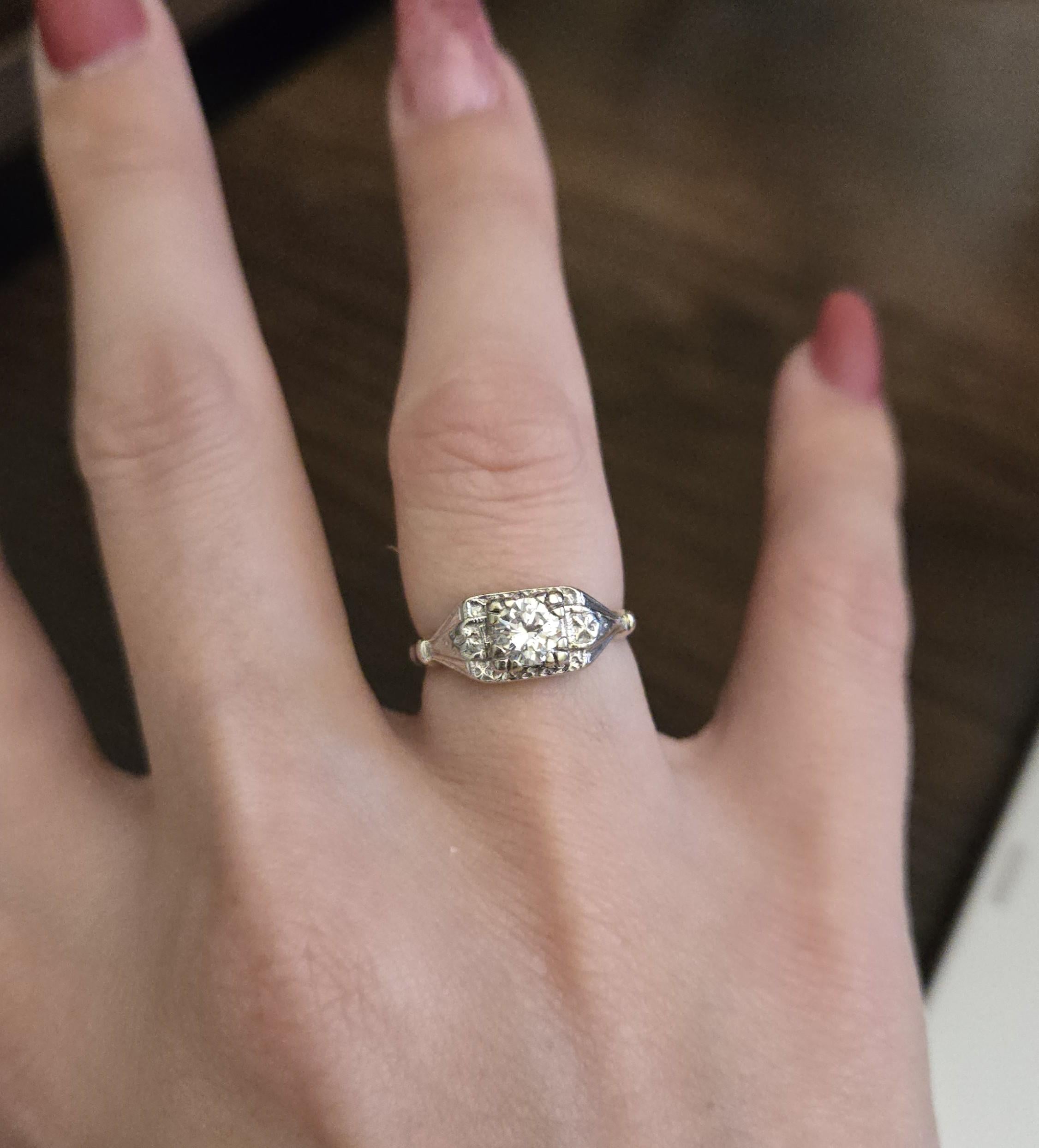 Vintage Art Deco Diamond Engagement Ring | 14K White Gold | Old European Cut | Size 5