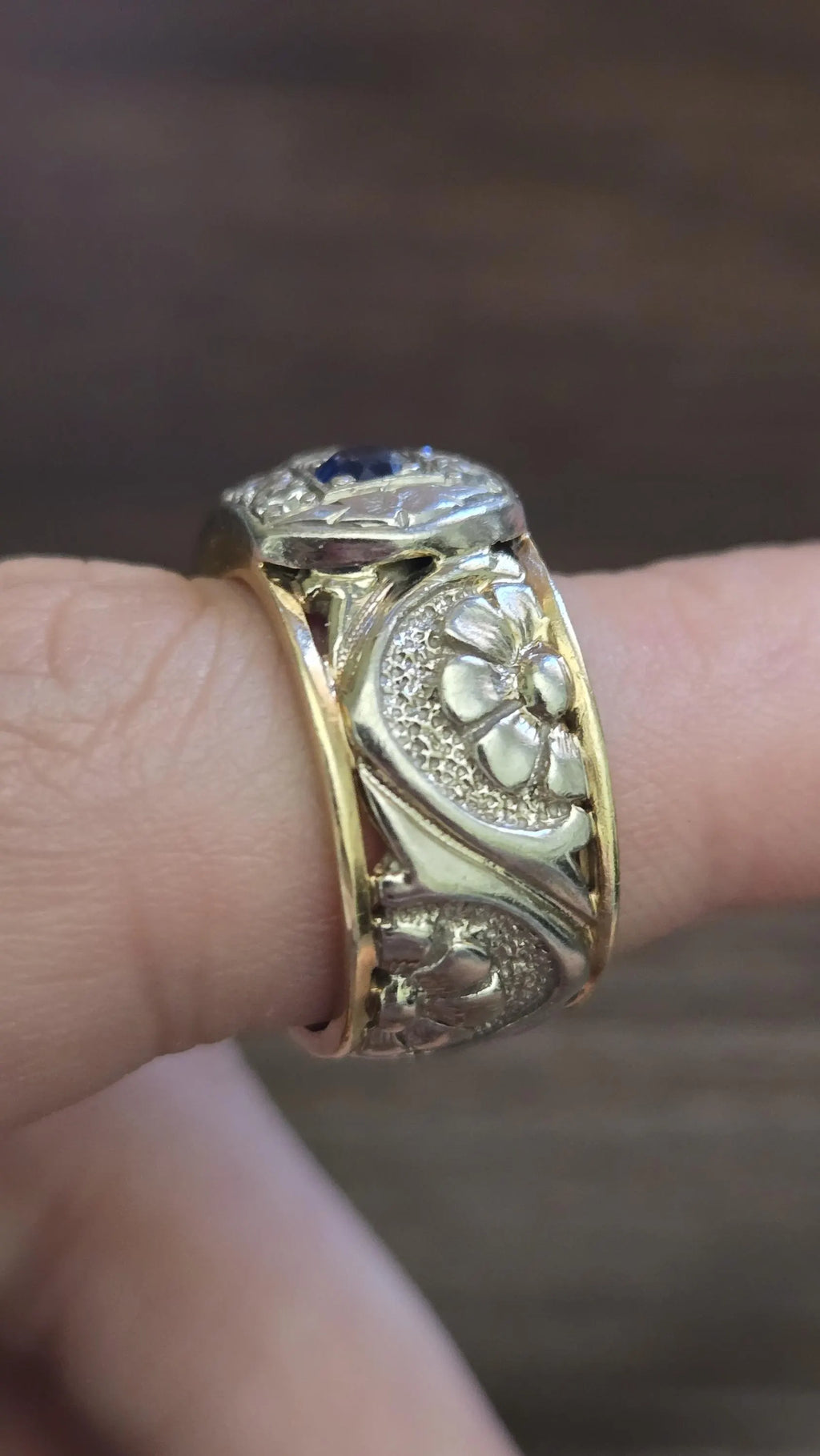 Antique Edwardian Sapphire & Diamond Ring | Wide Two-Tone 14K Gold Cigar Band | Size 4.75