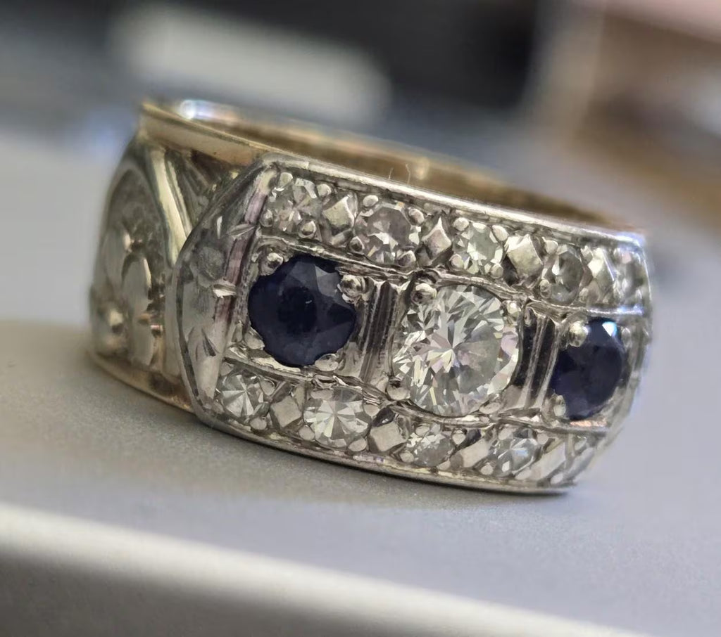 Antique Edwardian Sapphire & Diamond Ring | Wide Two-Tone 14K Gold Cigar Band | Size 4.75