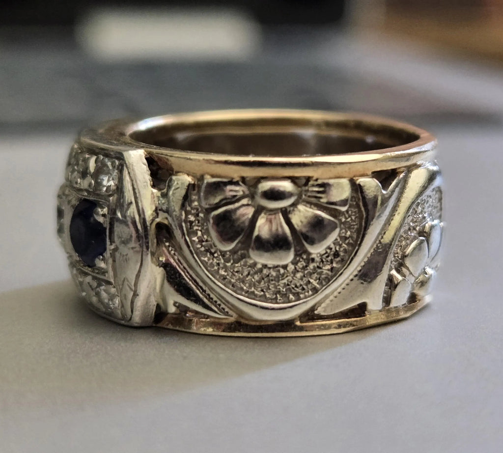 Antique Edwardian Sapphire & Diamond Ring | Wide Two-Tone 14K Gold Cigar Band | Size 4.75