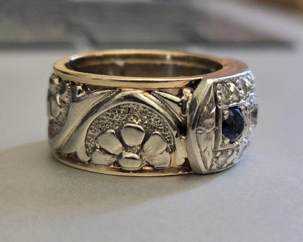 Antique Edwardian Sapphire & Diamond Ring | Wide Two-Tone 14K Gold Cigar Band | Size 4.75