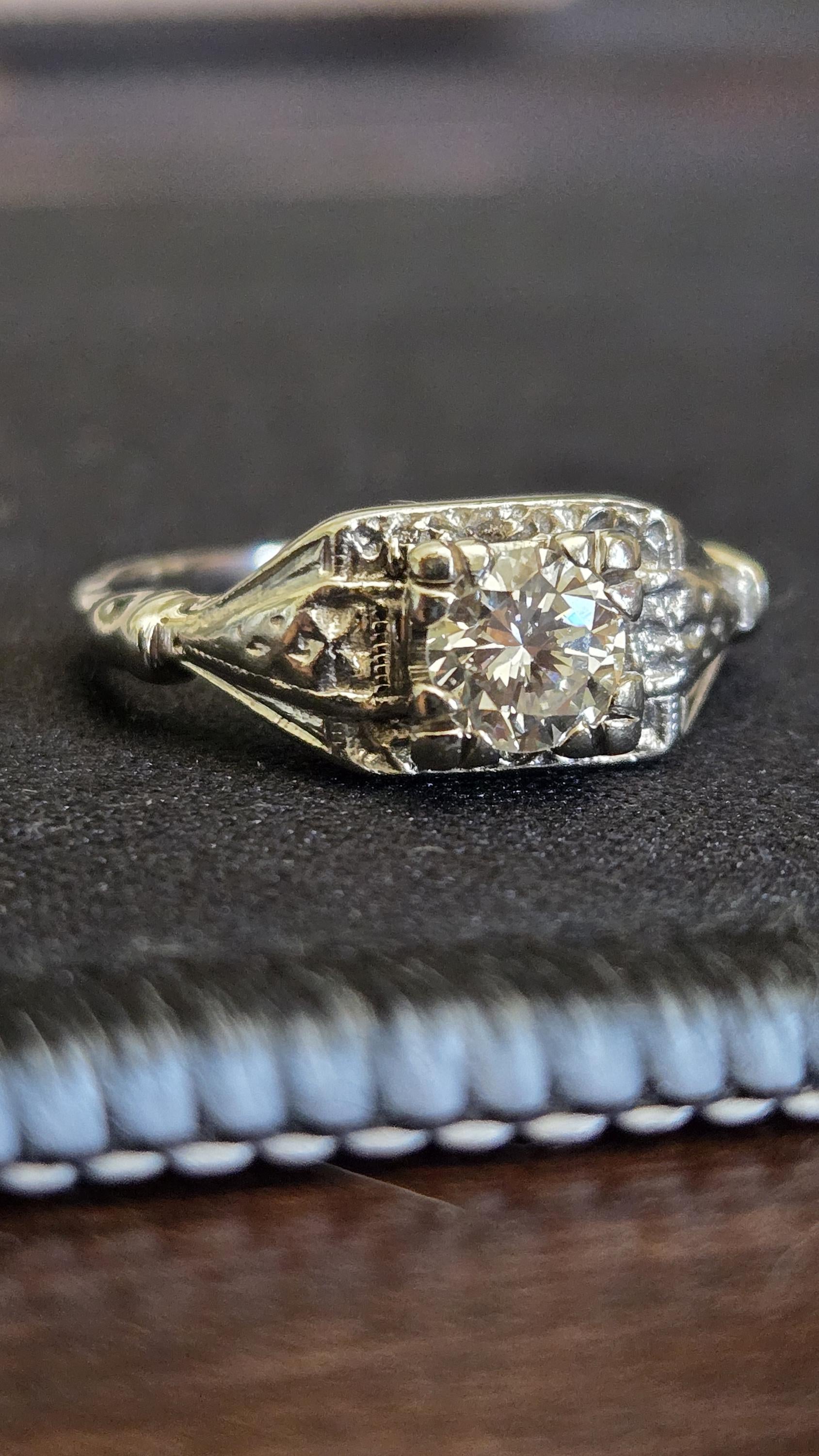 Vintage Art Deco Diamond Engagement Ring | 14K White Gold | Old European Cut | Size 5