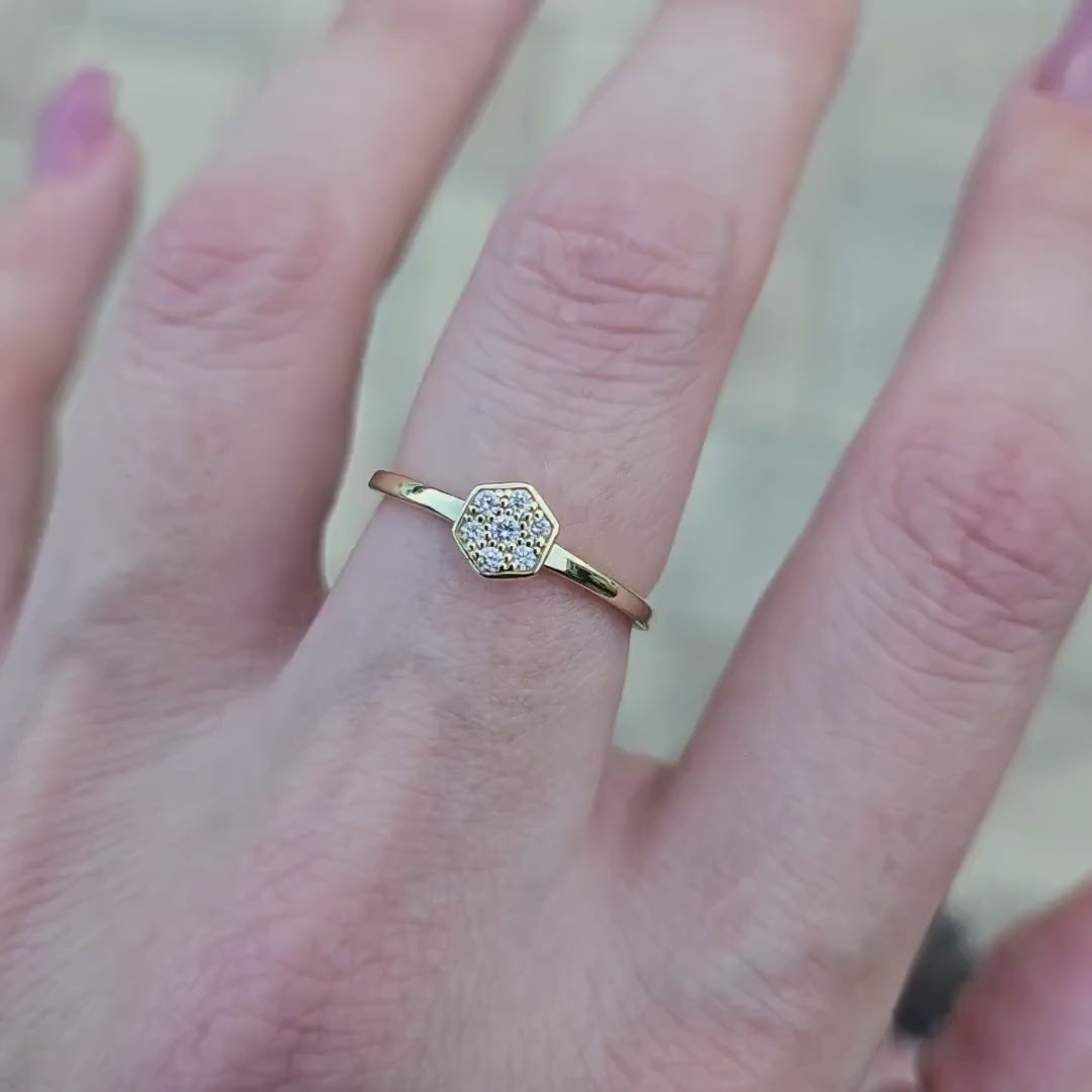 Vintage 10K Gold Hexagon Diamond Cluster Ring | Estate Cocktail Ring