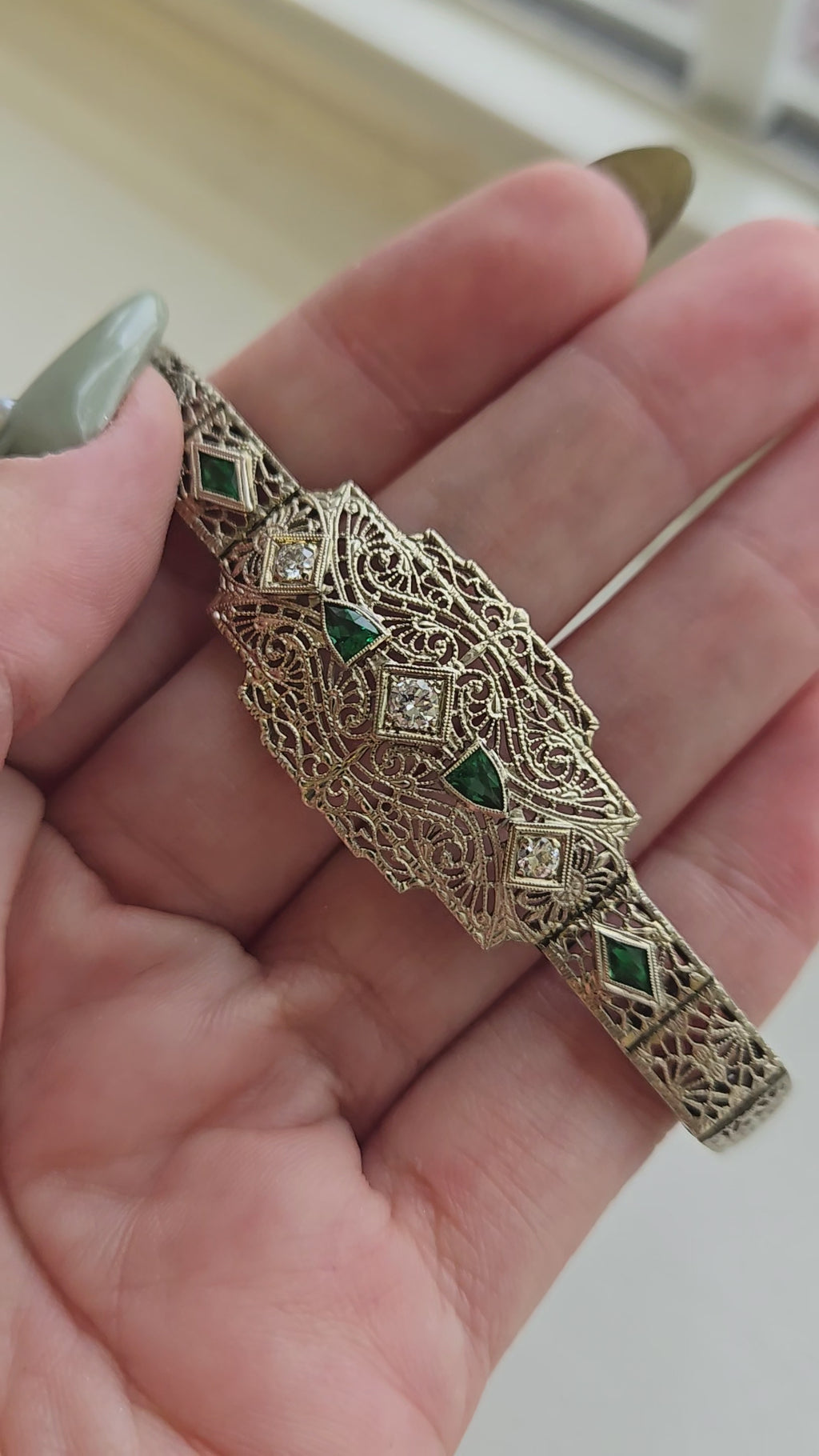 Antique Art Deco Diamond & Emerald Filigree Bracelet | 14K Gold | 7 Inch Estate Bracelet