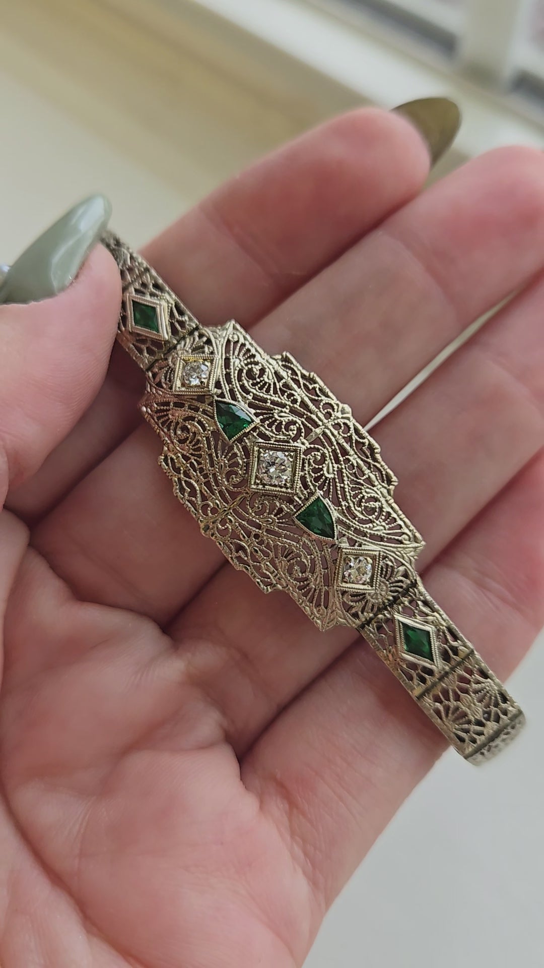 Antique Art Deco Diamond & Emerald Filigree Bracelet | 14K Gold | 7 Inch Estate Bracelet