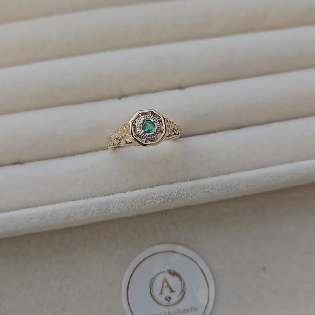 Vintage 10K Gold Filigree Ring | Natural Hexagon Emerald | Estate Ring Size 4.75